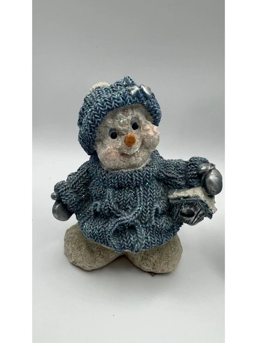 Set Of 2 Glittered Blue Snowman Figurines With Knitted Look Holding Birdhouse &